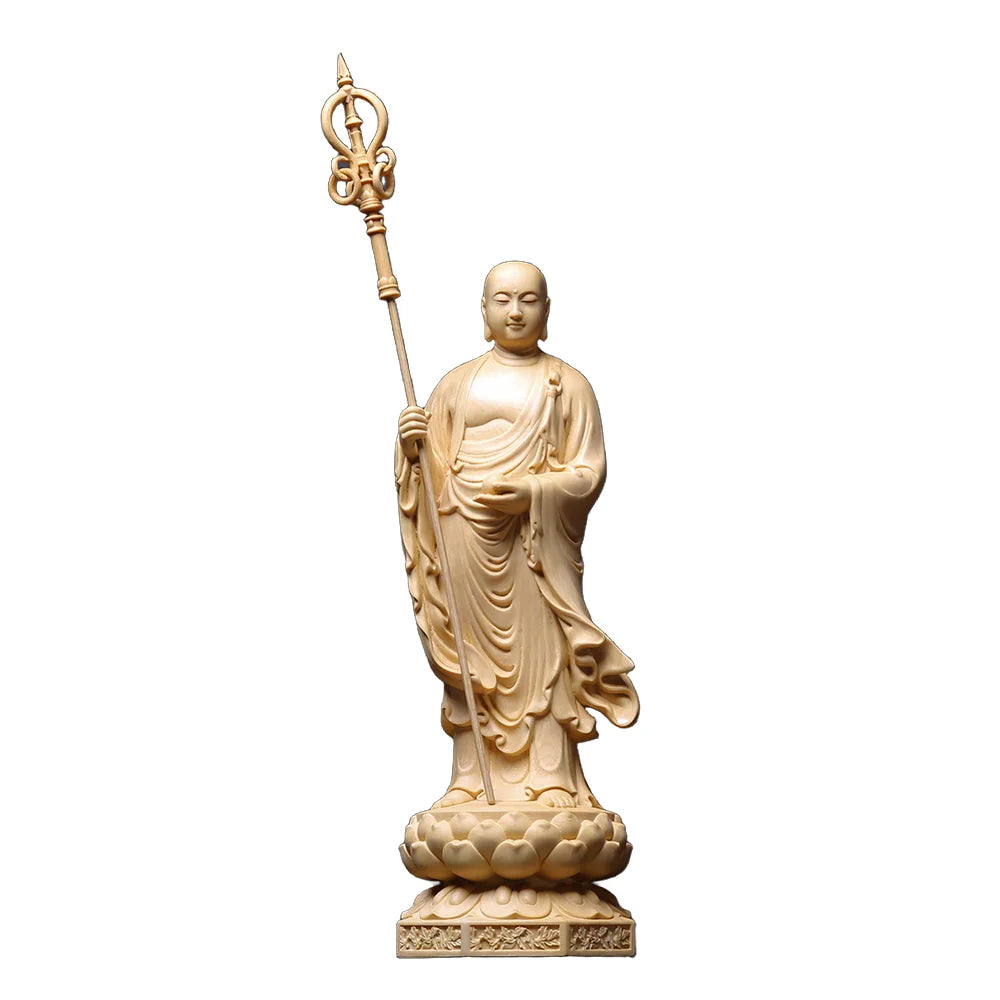 Finely Wooden Hand Carved Kṣitigarbha Dizang Bodhisattva Statue Figurine with Staff - Spiritual Protection Sacred Home Temple