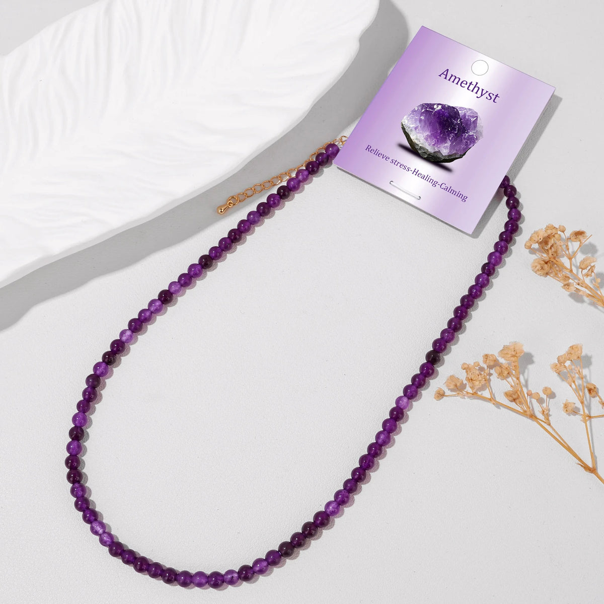 4mm Natural Amethysts Round Beads Necklace with Card for Women Female Healing Reiki Spiritual Energy Necklace Jewelry Gifts