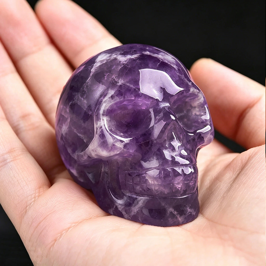2 Inch Natural Crystal Skull Figurine Hand Carved Gemstone Amethyst Skull Statue Home Desk Decor Ornament Halloween Gift