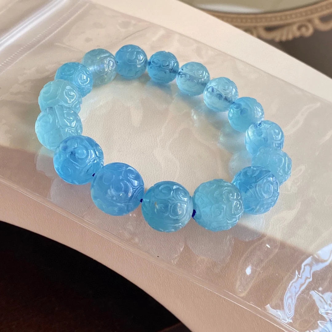 Natural Blue Aquamarine Beads Bracelet 13mm Carved Women Men Stretch Brazil Aquamarine Bracelet Jewelry AAAAAA