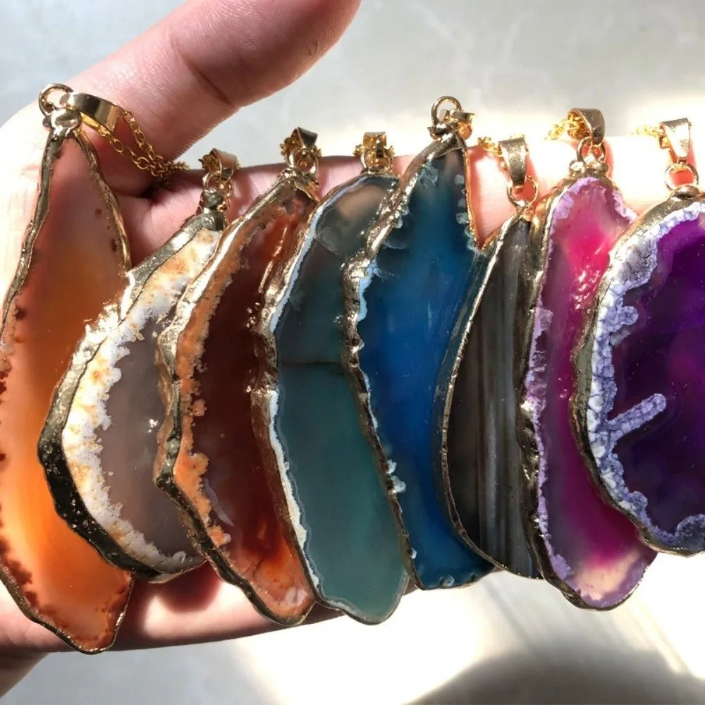 60*40mm Irregular Agate Geode Plated Gold Edged Polished Crystal Slice Handmade DIY Jewelry Making Agate Wind Chime Meditation