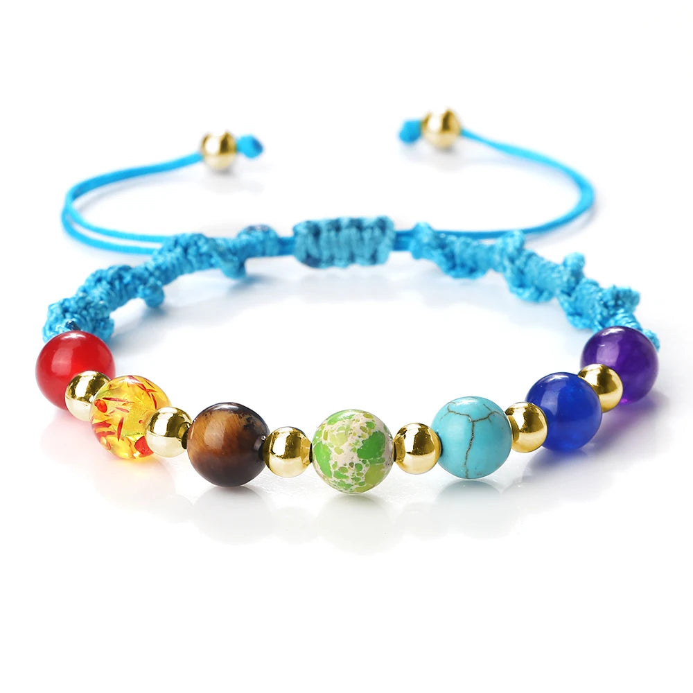 Reiki 7 Chakra Bracelet Natural Stone Rope Braided Yoga Healing Gold Color Copper Beads Bracelets & Bangles Meditation Jewelry