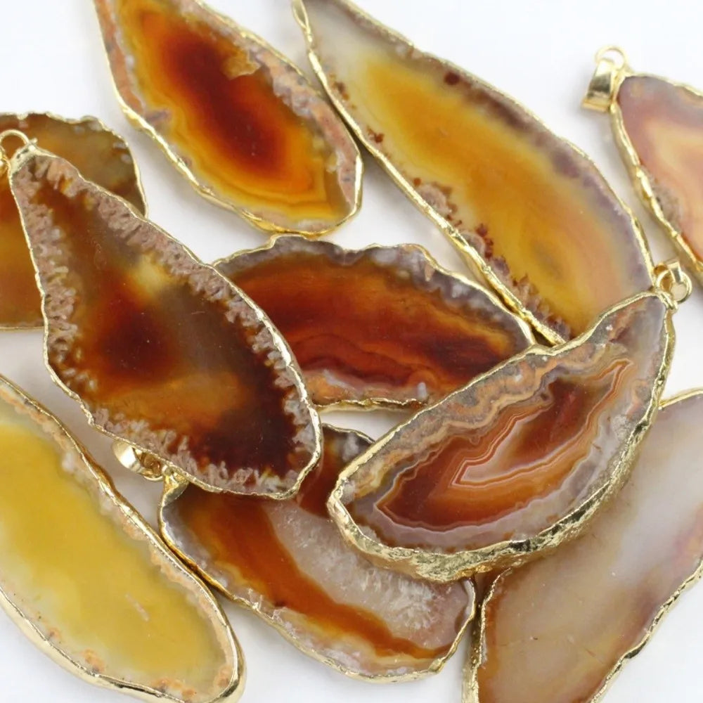 60*40mm Irregular Agate Geode Plated Gold Edged Polished Crystal Slice Handmade DIY Jewelry Making Agate Wind Chime Meditation
