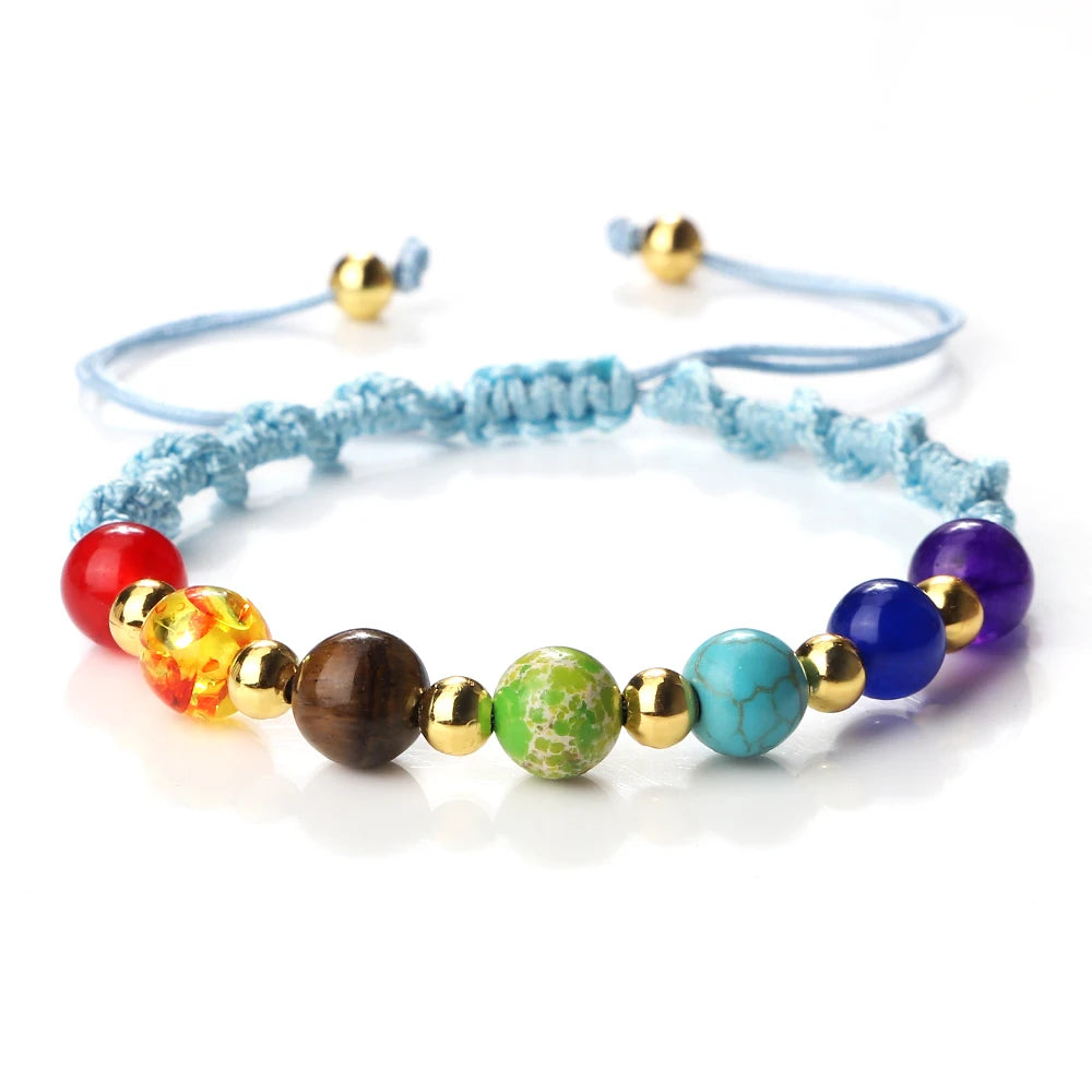 Reiki 7 Chakra Bracelet Natural Stone Rope Braided Yoga Healing Gold Color Copper Beads Bracelets & Bangles Meditation Jewelry