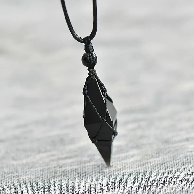 Black Obsidian Arrowhead Crystal Pendant Necklace Men Women Natural Stone Healing Crystal Wrap Cord Necklace Daily Wear Jewelry