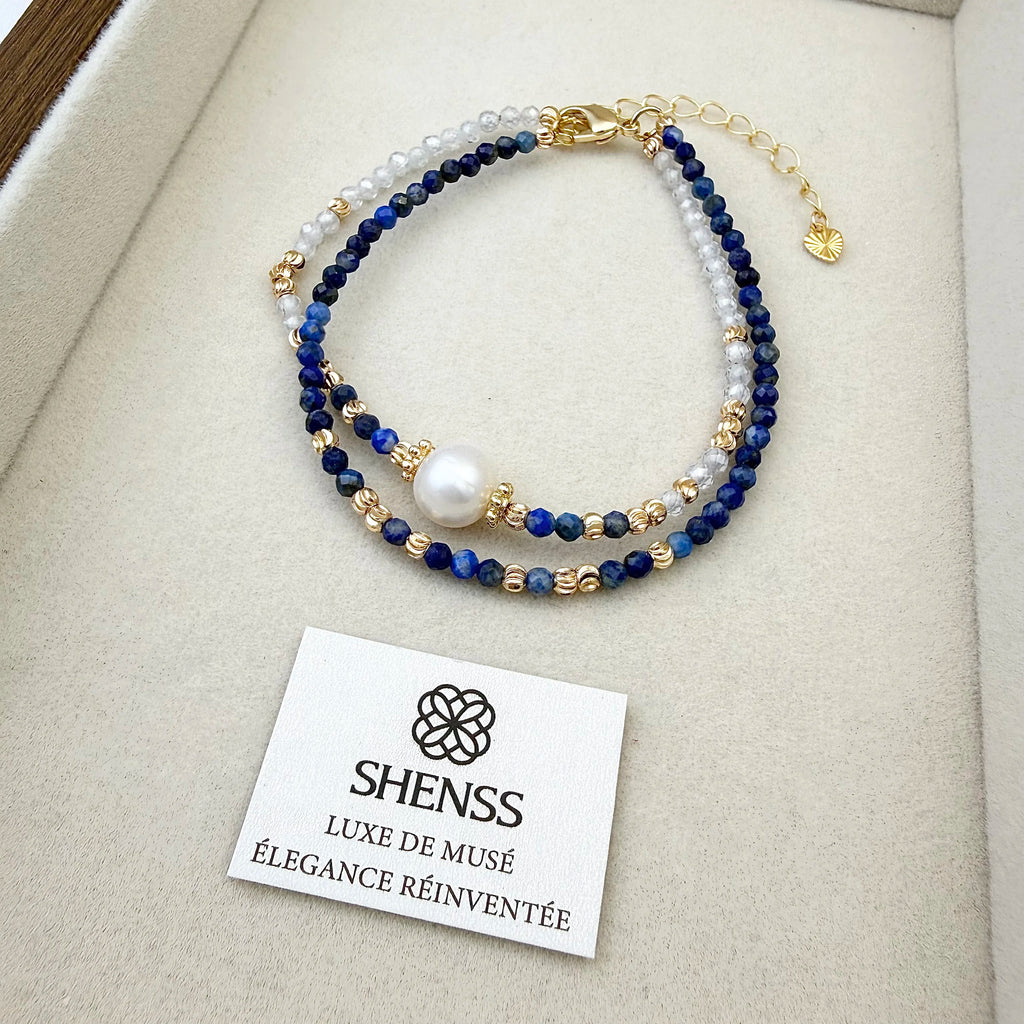 Lapis Lazuli & Zircon Pearl Jewelry Set Luxury Blue-White Contrast Necklace Bracelet Earrings Elegant Versatile Gift for Her
