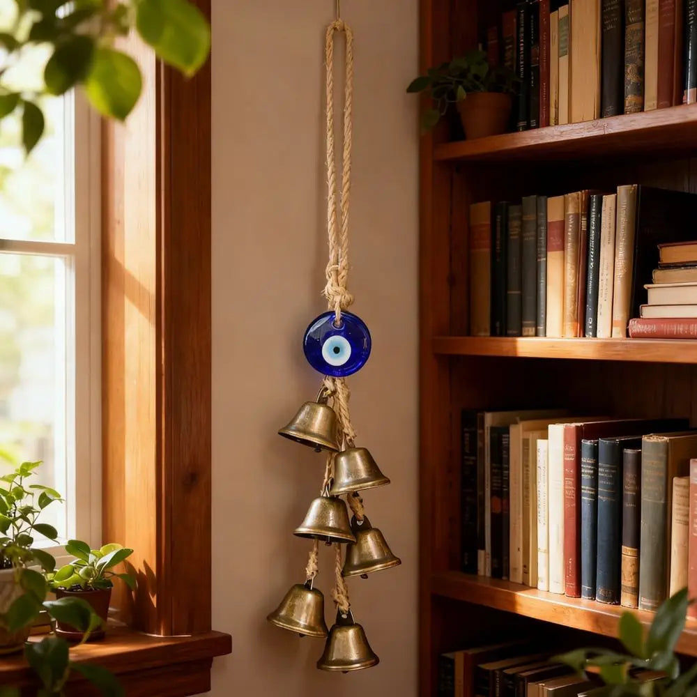 Retro Style Evil Eye Hanging Ornament Metal Bell Hemp Rope Wind Chime Garden Porch Decoration Unique Home Accessory