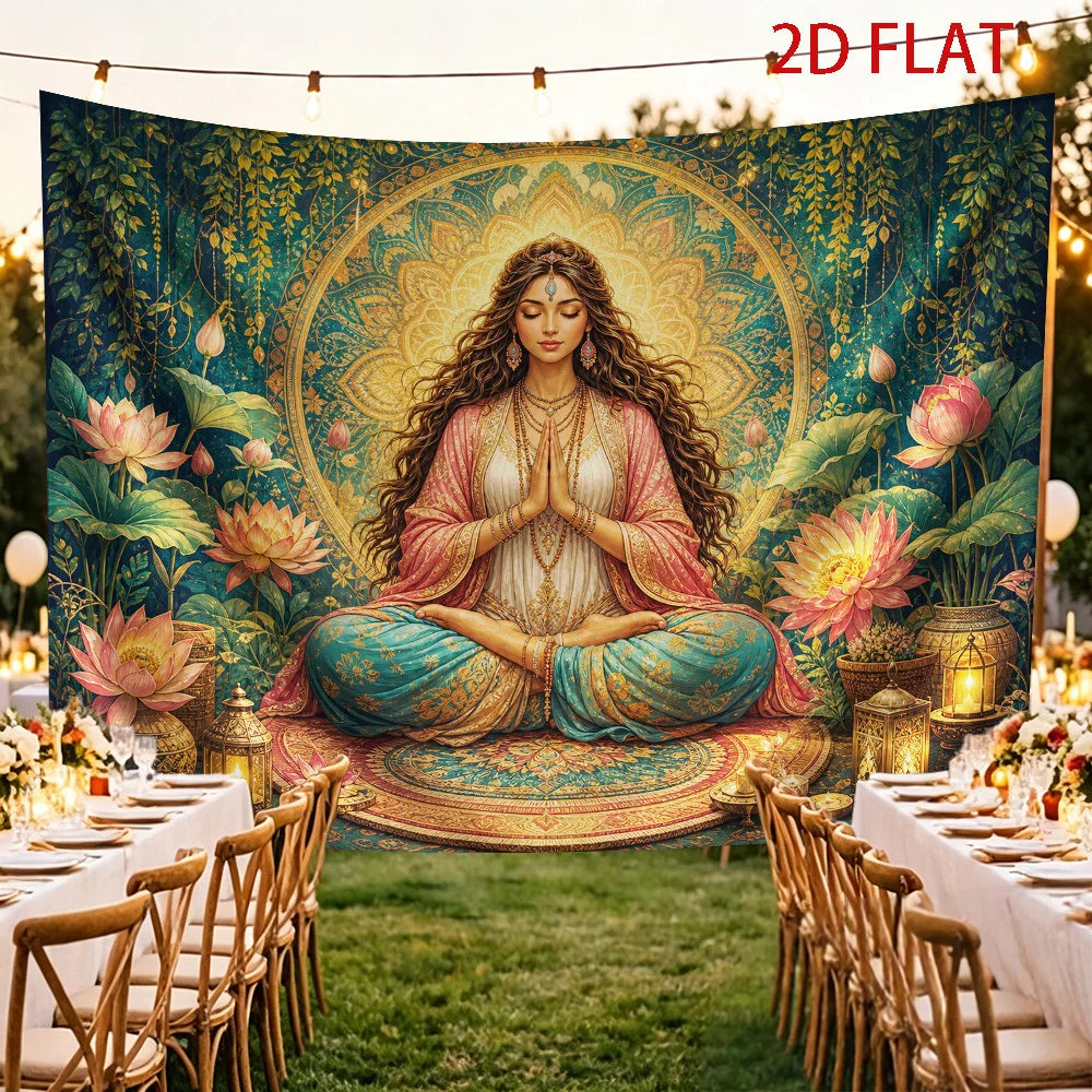 Yoga Meditation Woman Lotus Tapestry Wall Hanging, Bohemian Mandala Spiritual Art for Living Room Sofa Background Wall Decor