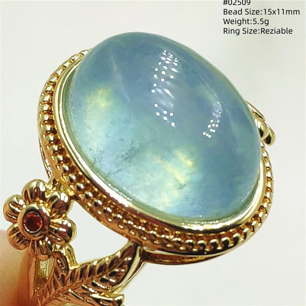 Natural Blue Aquamarine Beads Ring Adjustable Brazil Ring Oval 925 Sterling Silver Aquamarine Jewelry Women AAAAA