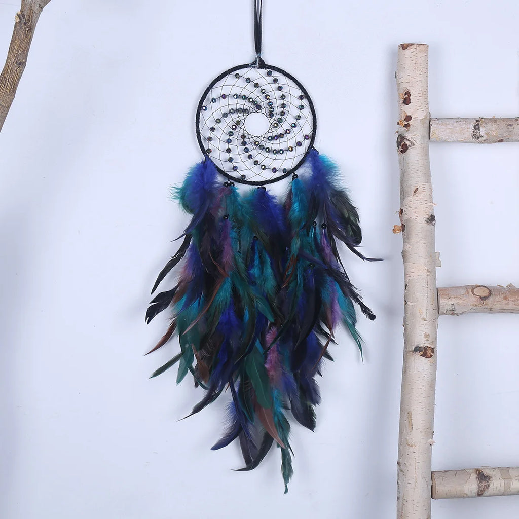 Bohemian Style Dream Catcher Wall Decoration, Hand‑Woven Circular Net with Shiny Beads & Mixed Color Feathers, Wth LED Light.