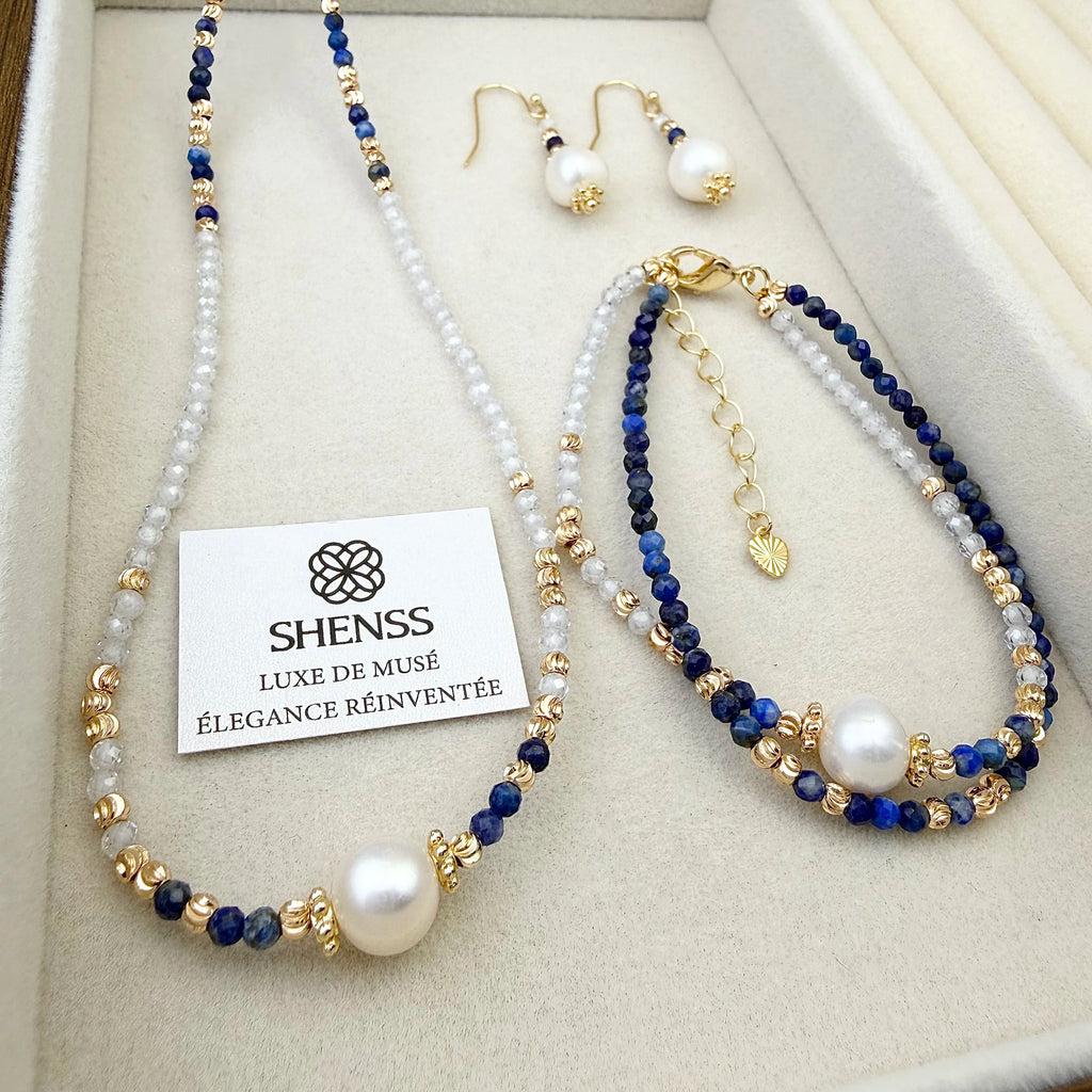 Lapis Lazuli & Zircon Pearl Jewelry Set Luxury Blue-White Contrast Necklace Bracelet Earrings Elegant Versatile Gift for Her