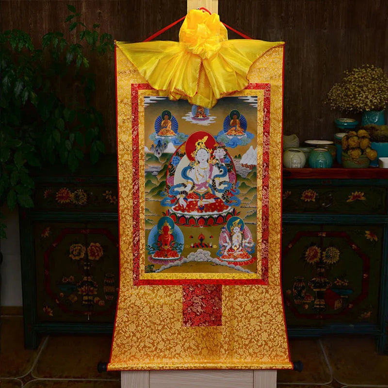 35*20cm Tibetan Thangka Wall Art Padmasambhava Green Tara Buddha Painting Hanging Decor Religious Scroll Picture Home Decoration