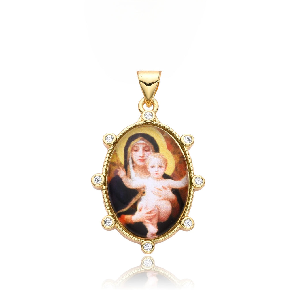 Gold Plated Enamel Virgin Mary Pendant Sacred Heart of Jesus Zirconia Edges Medal Necklace Divine Child Charms Catholic Jewelry