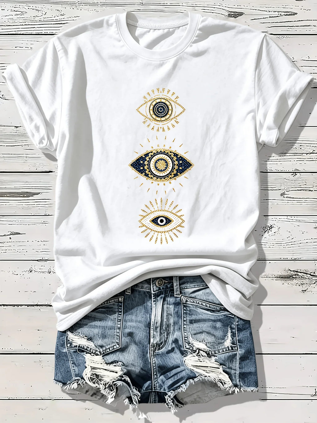 Bohemian Mysterious Eye Pattern Top Türkiye Eye Theme Round Neck Short Sleeve Blue Gold Color Pair Evil Eye Casual Daily T-shirt