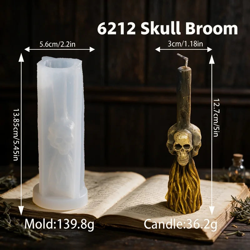 3D Witch Broom Candle Mold Handmade Pillar Mold Witchcraft Whisk Broom with Pumpkin Skull Face Magic Ritual Spiritual Candle Mld