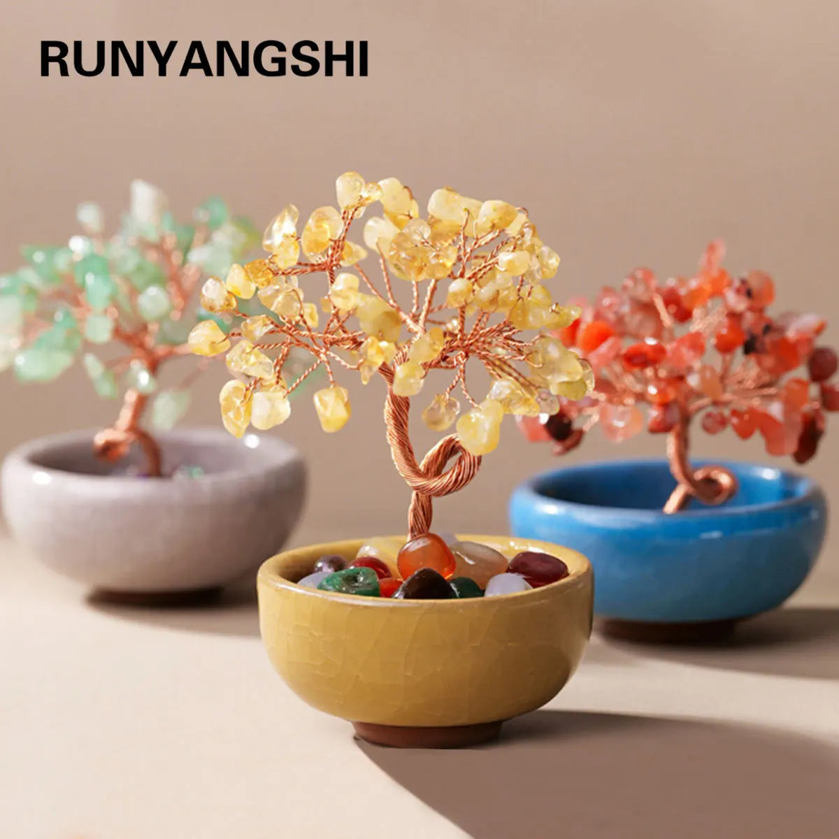1PC Natural Crystal Tree Energy Stone Money Tree Copper Wire Wrapped Colorful Teabowl Yoga Feng Shui Trees Home Decor