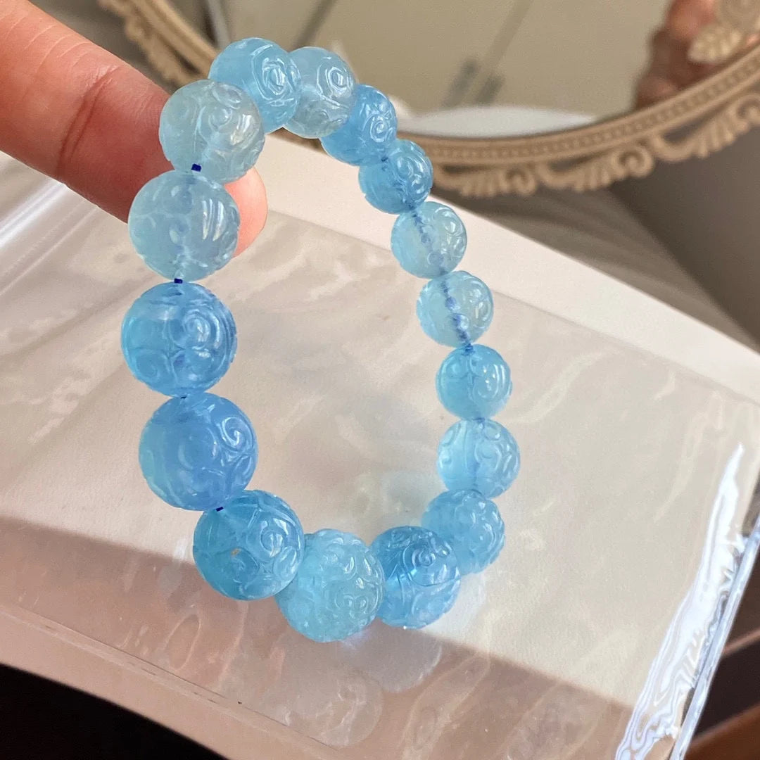 Natural Blue Aquamarine Beads Bracelet 13mm Carved Women Men Stretch Brazil Aquamarine Bracelet Jewelry AAAAAA