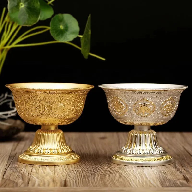 Tibetan Alloy Tall Water Offering Cup Eight Auspicious Embossed Religious Worship Bowl Shrine Desktop Ritual Craft Ornament