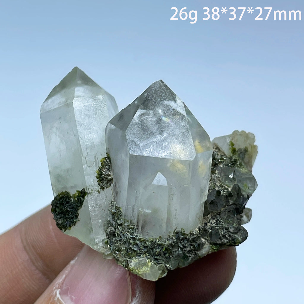 Natural Green Epidote with Clear Quartz Crystal Symbiosis Rough Specimen Healing Teaching Stone for Home Decor