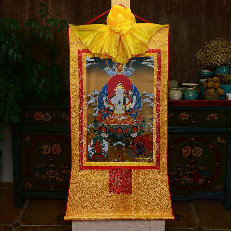 35*20cm Tibetan Thangka Wall Art Padmasambhava Green Tara Buddha Painting Hanging Decor Religious Scroll Picture Home Decoration