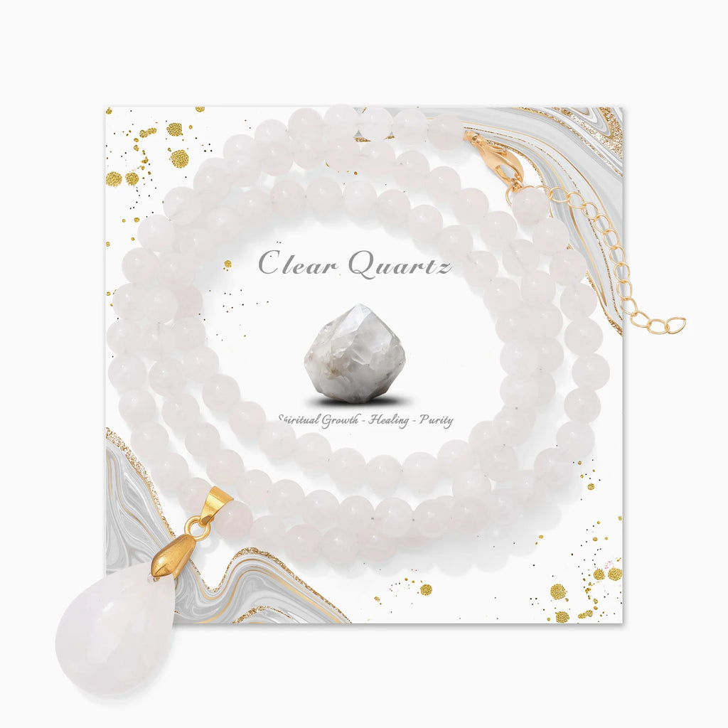 Fashion Boho Rose Quartz Necklace 6mm Round Beads Waterdrop Pendant Necklace for Women Collar Healing Crystal Jewelry
