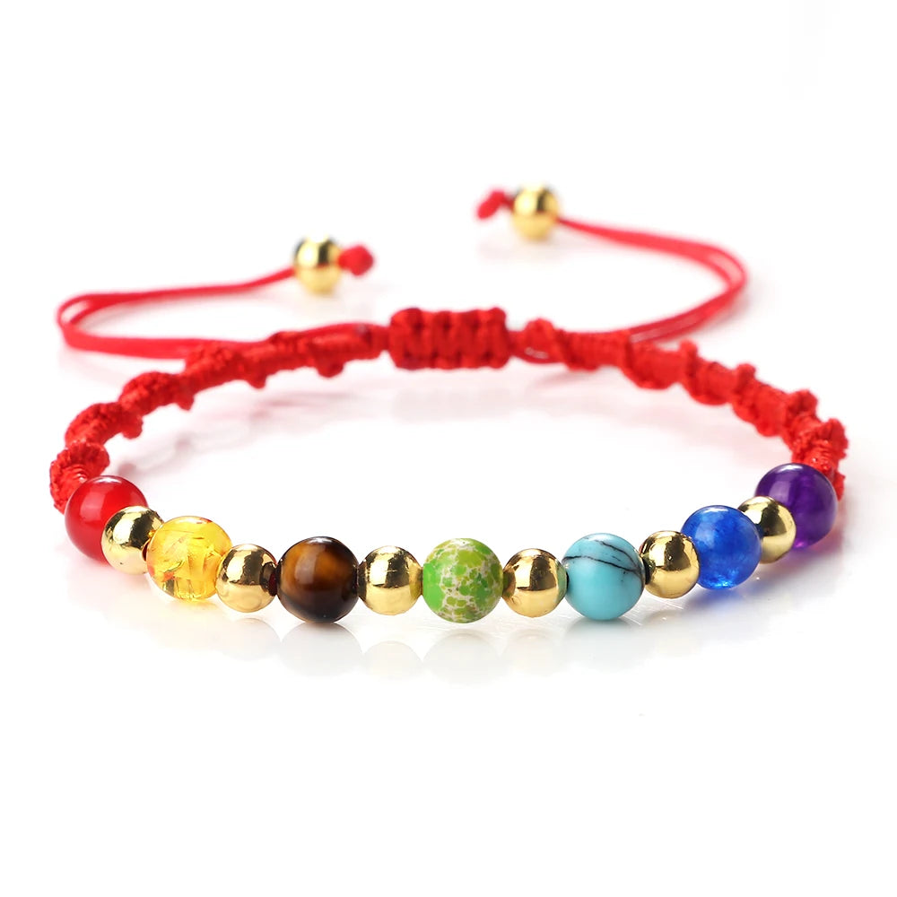 Reiki 7 Chakra Bracelet Natural Stone Rope Braided Yoga Healing Gold Color Copper Beads Bracelets & Bangles Meditation Jewelry