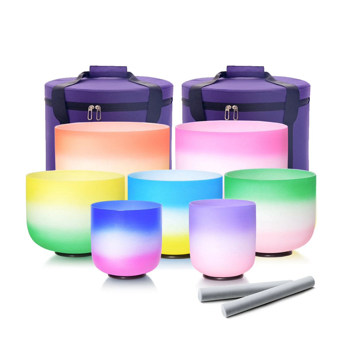 440/432HZ Color Chakra Frosted Quartz Crystal Singing Bowls 6-12" set of 7pcs for yoga and Meditation Sound Healing with Bag
