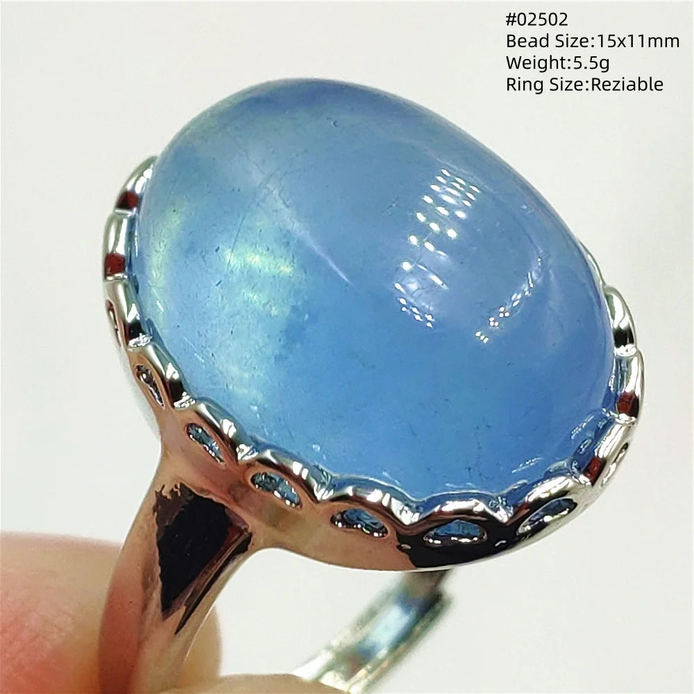 Natural Blue Aquamarine Beads Ring Adjustable Brazil Ring Oval 925 Sterling Silver Aquamarine Jewelry Women AAAAA
