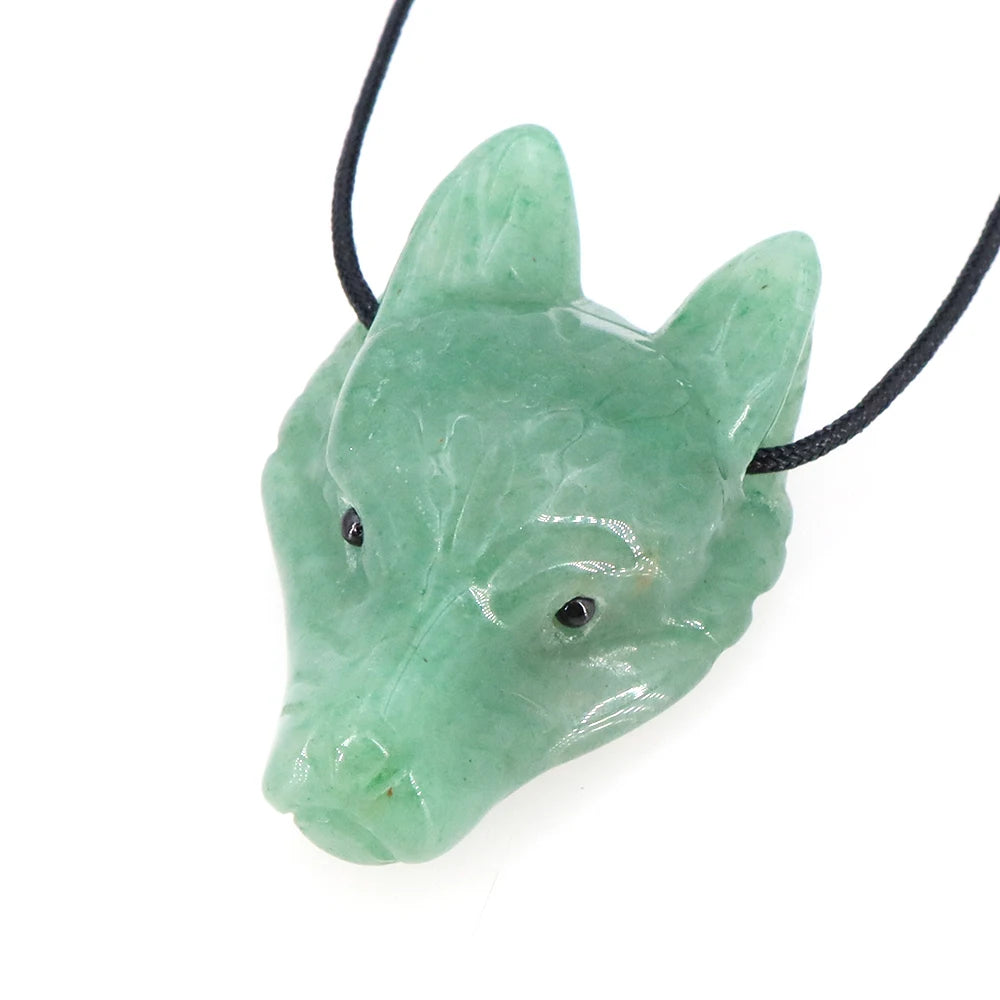 40mm Wolf Head Stone Pendant Natural Healing Crystals Statue Hand Carving Gemstone Wolves Animal Figure Jewelry Making Necklace