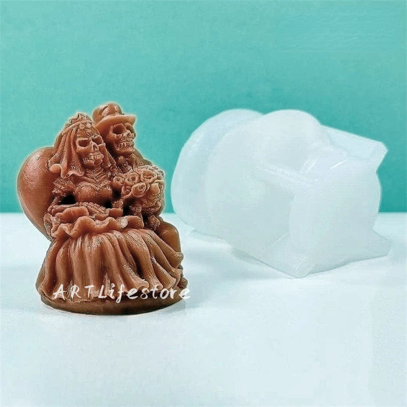 New Skull Couple Silicone Candle Mold DIY Bride and Groom Sculpture Crafts Plaster Resin Casting Tool Halloween Decoration Gift