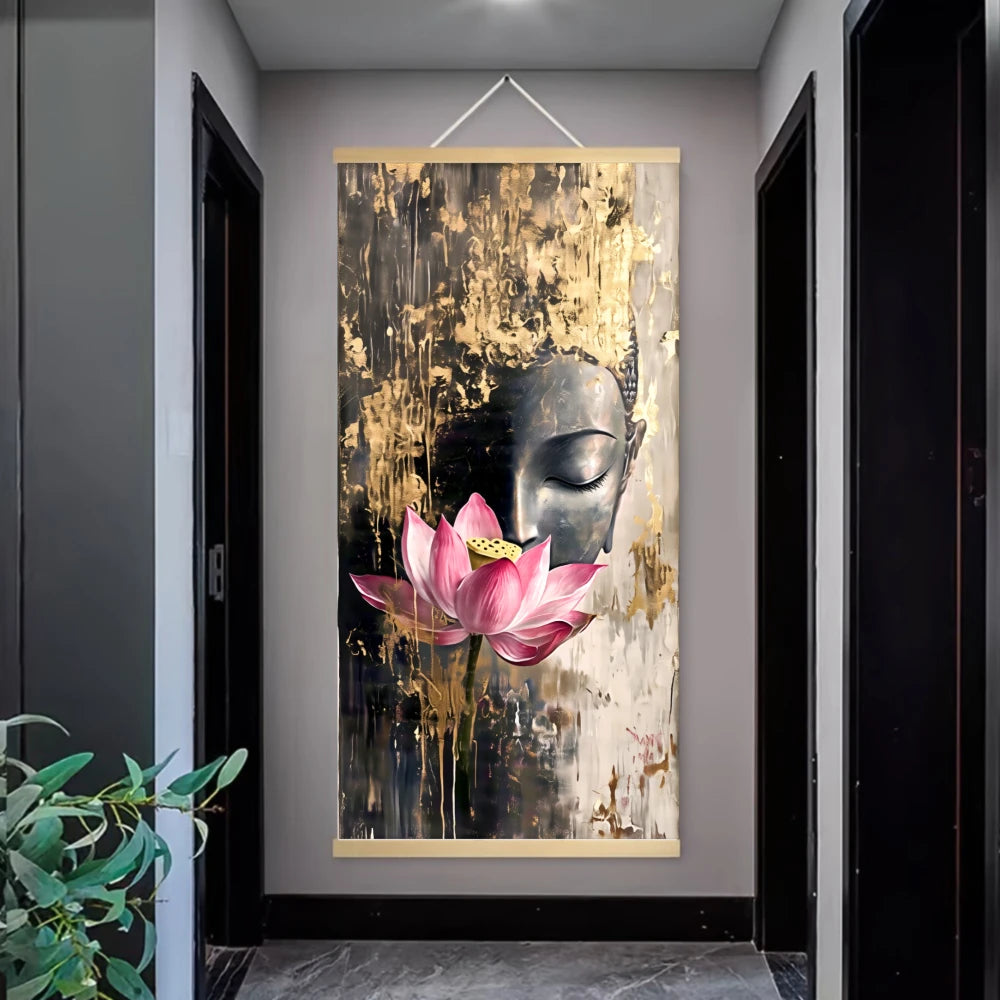 2D Flat 1pcs Canvas Scroll Poster Buddha Wall Art Buddha Face & Hands with Halo & Robe Glowing Lotus Design Religion Spiritual