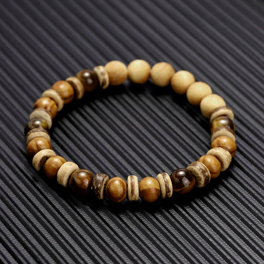 Vintage Wood Beaded Bracelet Mens Natural Stone Braslet Yoga Meditation Prayer Jewelry Tiger Eye Braclet Homme