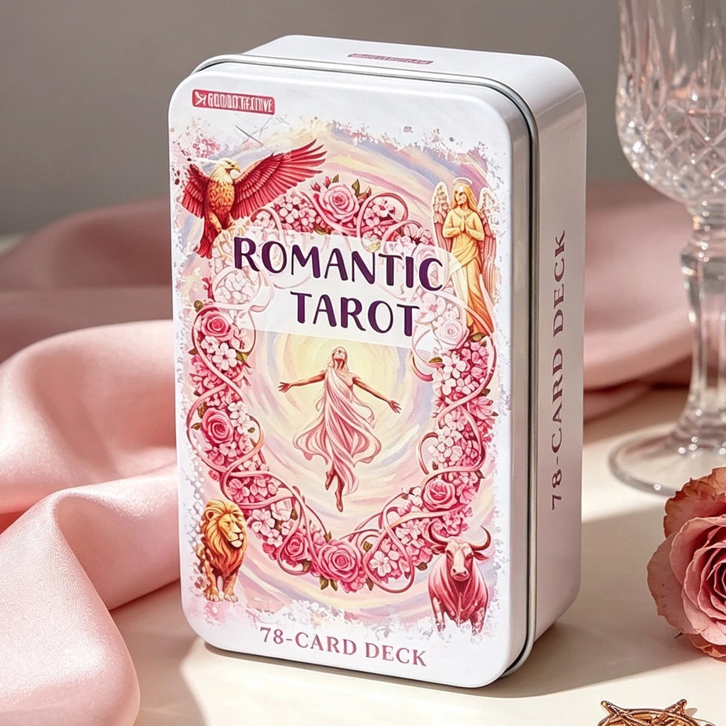Pink Romantic Fantasy Tarot Deck in Tin Box, 78-Card Full Deck with Instruction Book, Spiritual Divination Oracle 11*6.2cm