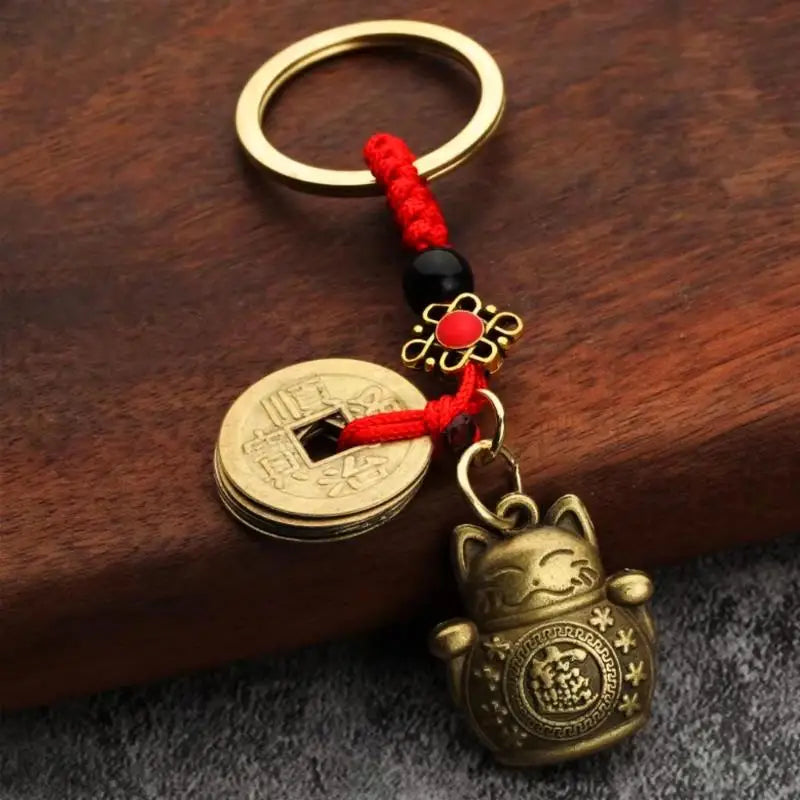 YILUO CD Vintage Lucky Cat Car Keychain Five Emperors Money Calabash Feng Shui Coins Red String Key Ring