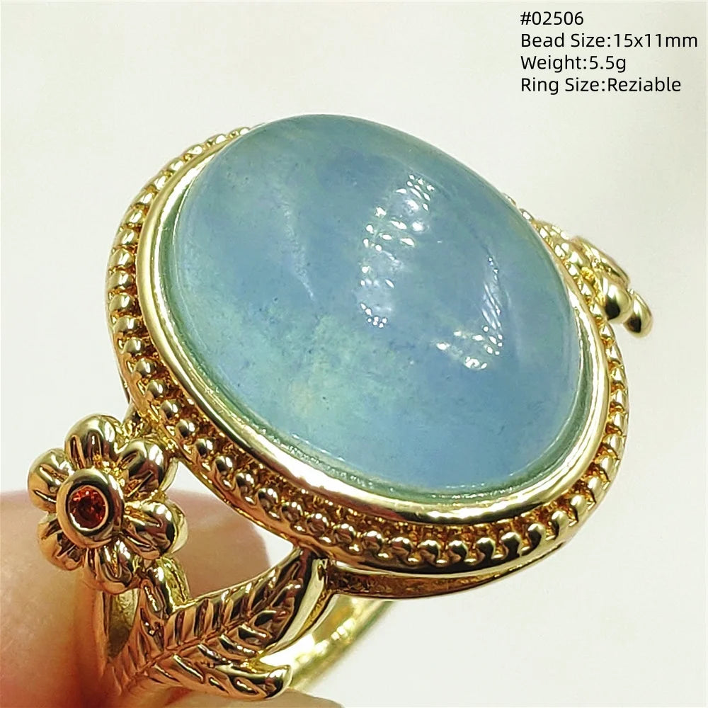 Natural Blue Aquamarine Beads Ring Adjustable Brazil Ring Oval 925 Sterling Silver Aquamarine Jewelry Women AAAAA