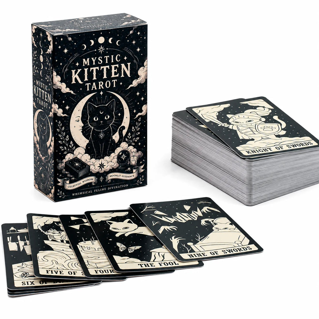 Mystic Kitten Tarot Deck 78 Cards Cat Themed Tarot Cards with Whimsical Feline Illustrations Celestial Moon and Star Design Divi