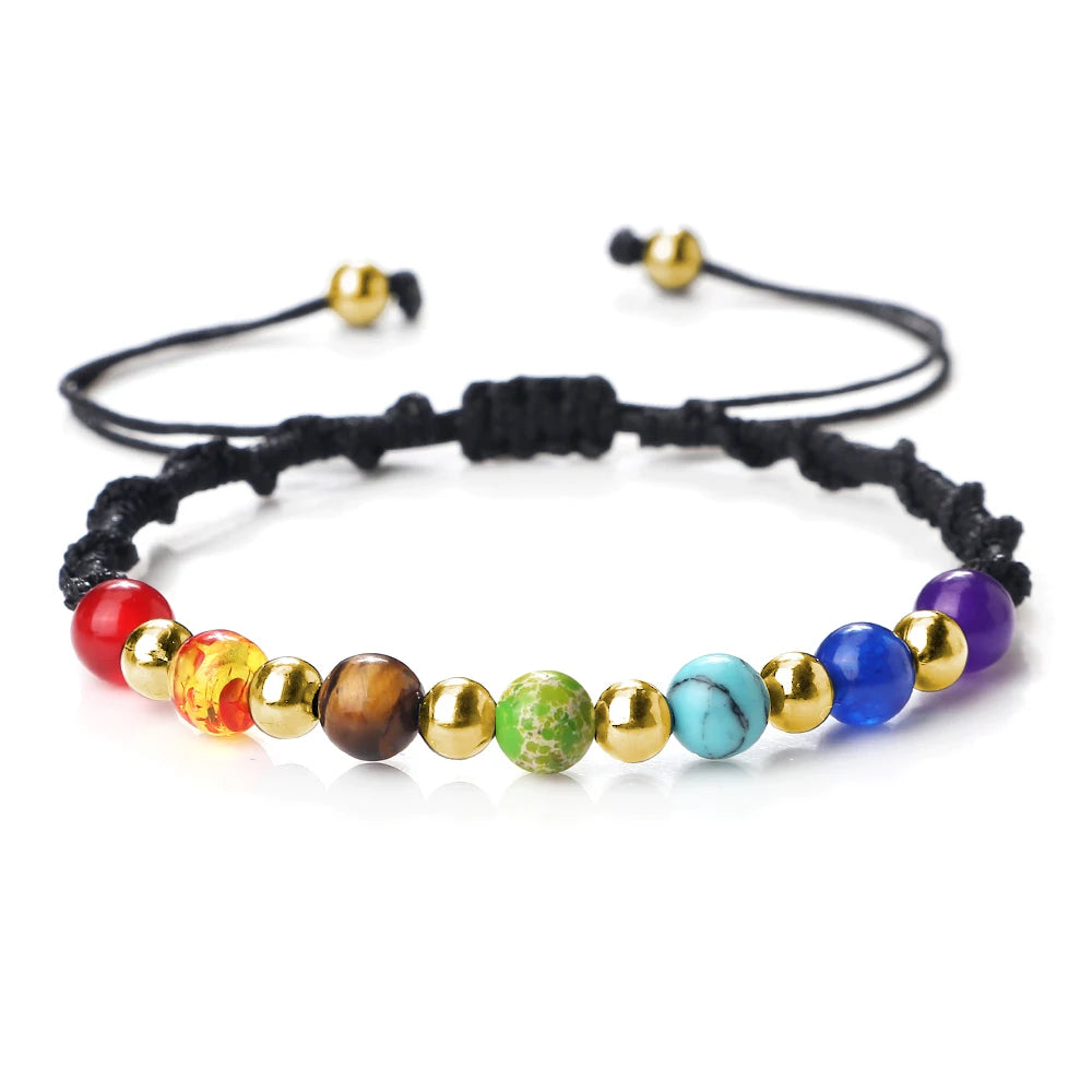 Reiki 7 Chakra Bracelet Natural Stone Rope Braided Yoga Healing Gold Color Copper Beads Bracelets & Bangles Meditation Jewelry