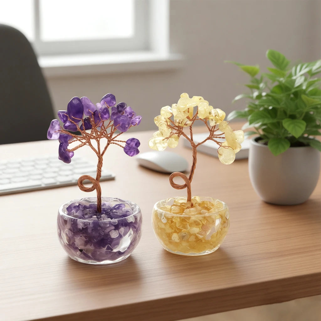 Natural Gemstone Crystal Lucky Tree With Gravel Stone Base Chakras Health Home Office Desk Living Room Crystal Decor Mini Sized