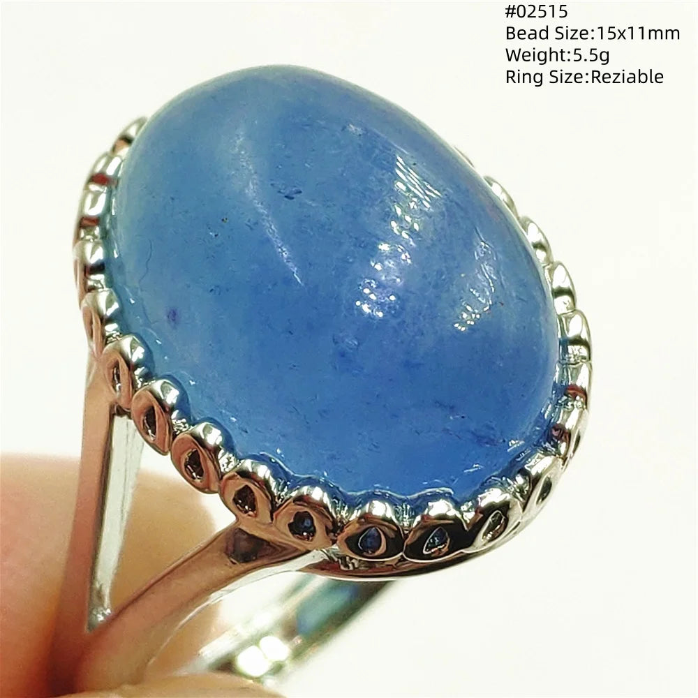 Natural Blue Aquamarine Beads Ring Adjustable Brazil Ring Oval 925 Sterling Silver Aquamarine Jewelry Women AAAAA