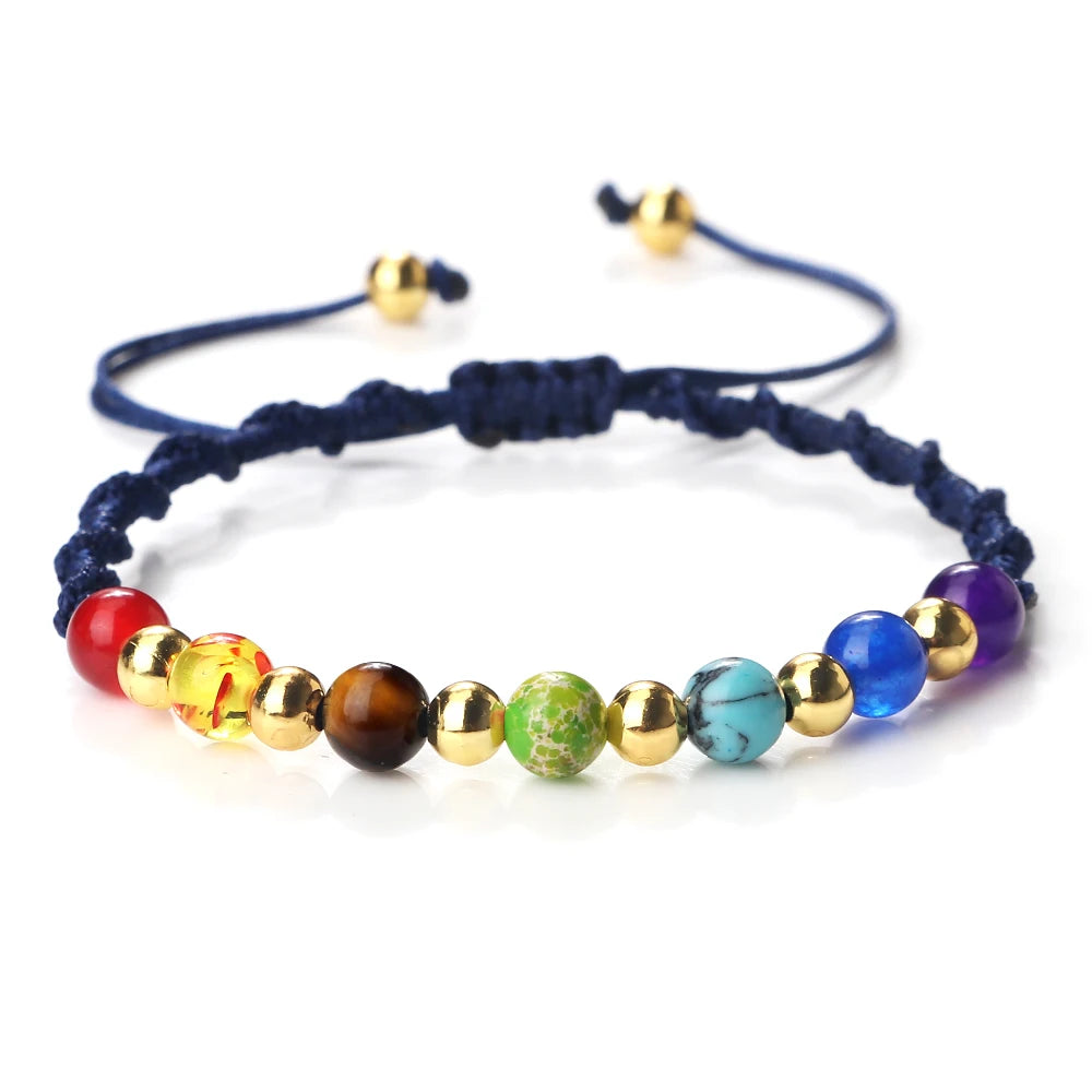 Reiki 7 Chakra Bracelet Natural Stone Rope Braided Yoga Healing Gold Color Copper Beads Bracelets & Bangles Meditation Jewelry