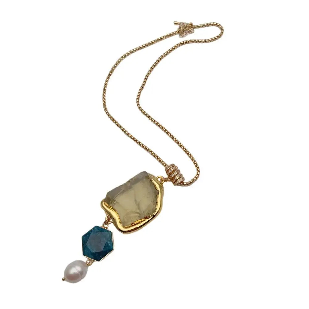 Y·YING Natural Yellow Lemon Quartz Blue Apatite Cultured White Rice Pearl Gold Plated Chain Necklace Jewelry