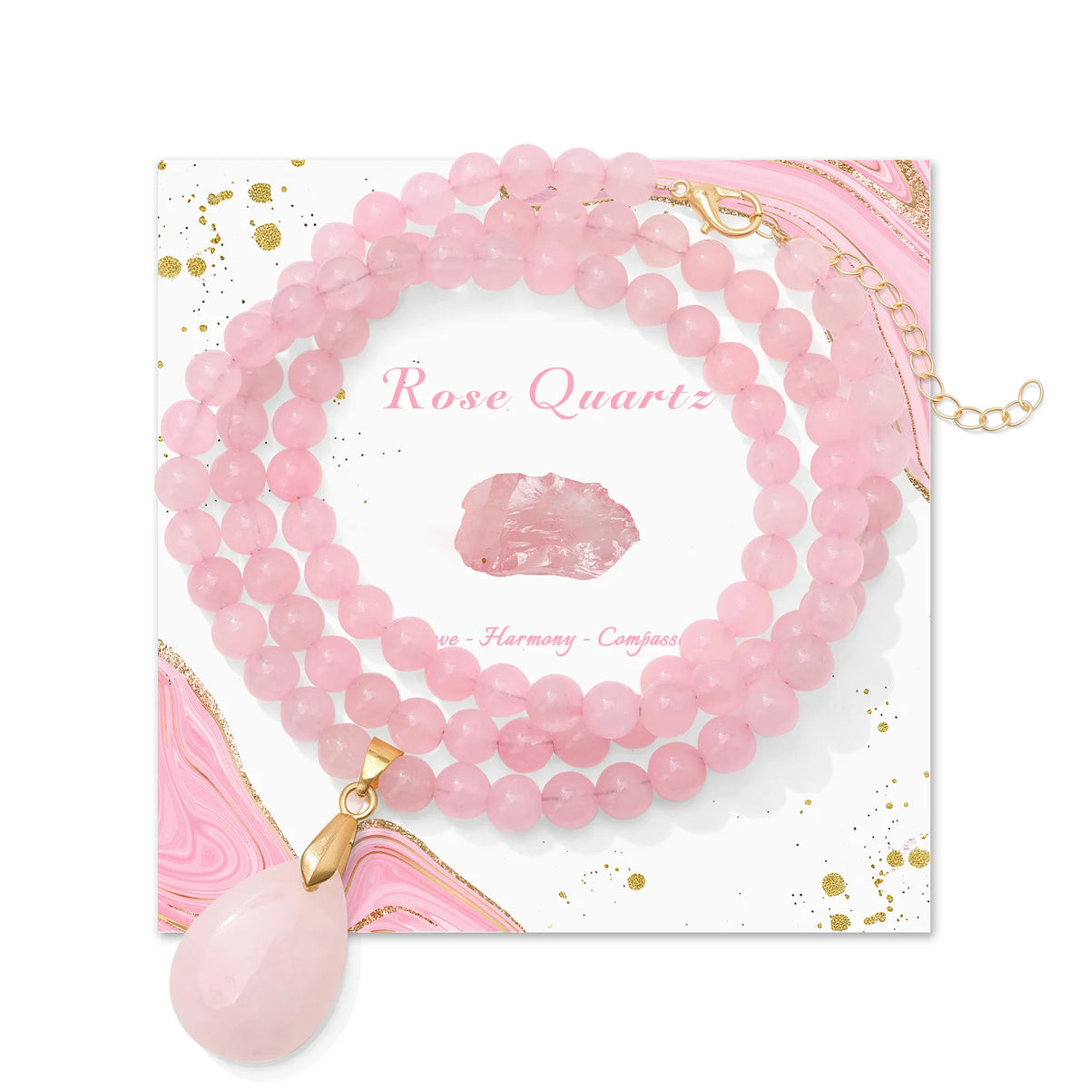 Fashion Boho Rose Quartz Necklace 6mm Round Beads Waterdrop Pendant Necklace for Women Collar Healing Crystal Jewelry