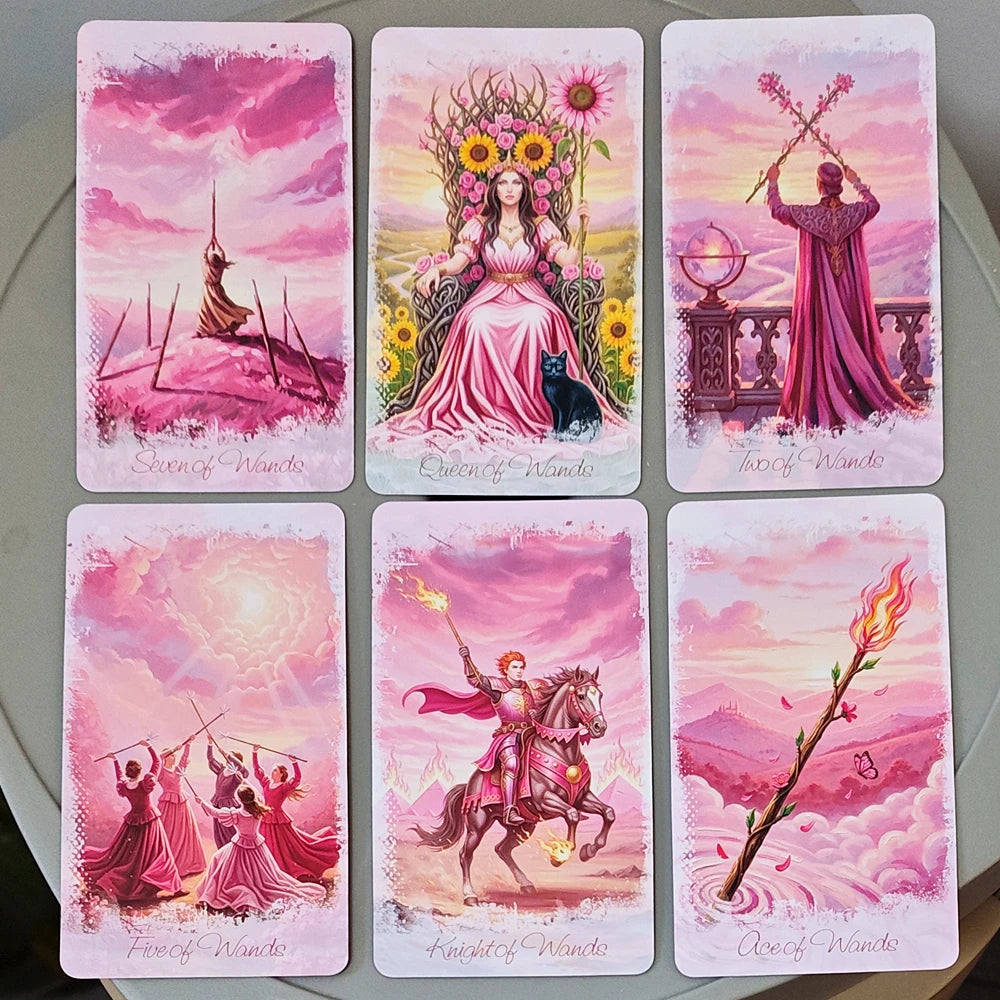Pink Romantic Fantasy Tarot Deck in Tin Box, 78-Card Full Deck with Instruction Book, Spiritual Divination Oracle 11*6.2cm