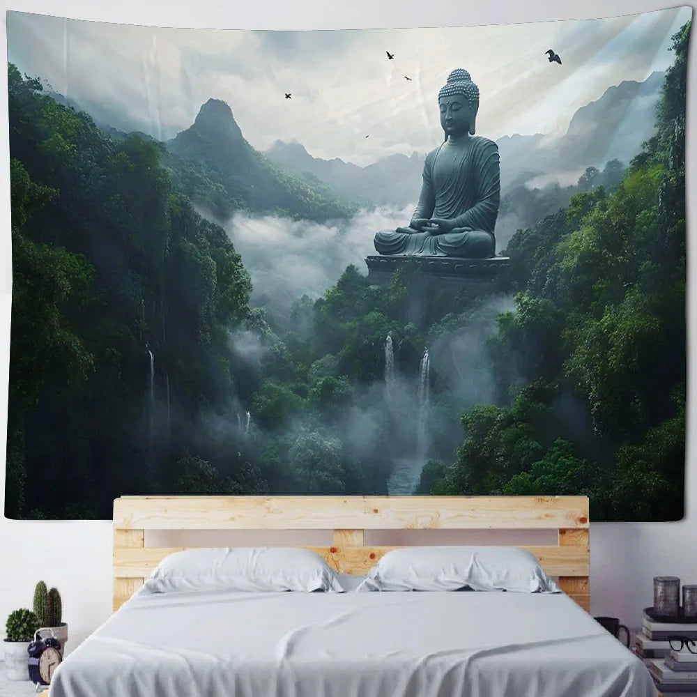 White Lotus Buddha Tapestry Wall Hanging - Zen Decor for Meditation Room Home Spiritual Yoga Studio Minimalist Enlightenment Art