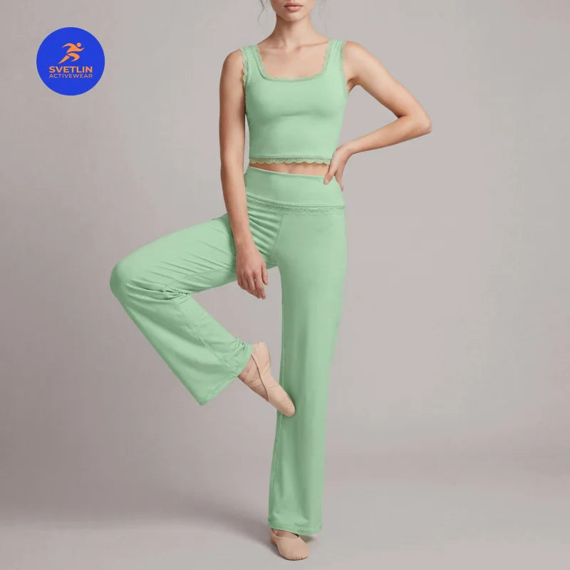 SVETLIN EU US Size High Quality Sports Yoga Wear Set Outfit Lace-Trim Sports Gym Wide-Leg Pants Two-Piece Set For Dance Training