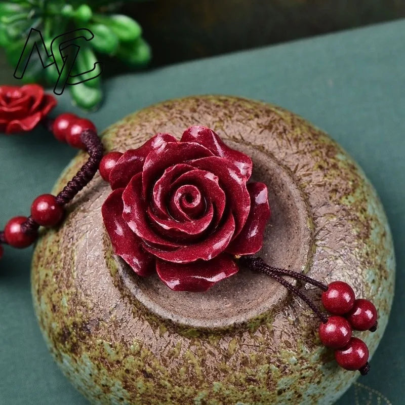 Fashion Cinnabar Jade Rose Flower Pendant Necklace Jewellery Chinese Healing Women Man Luck Gift Sweater Chain Amulet