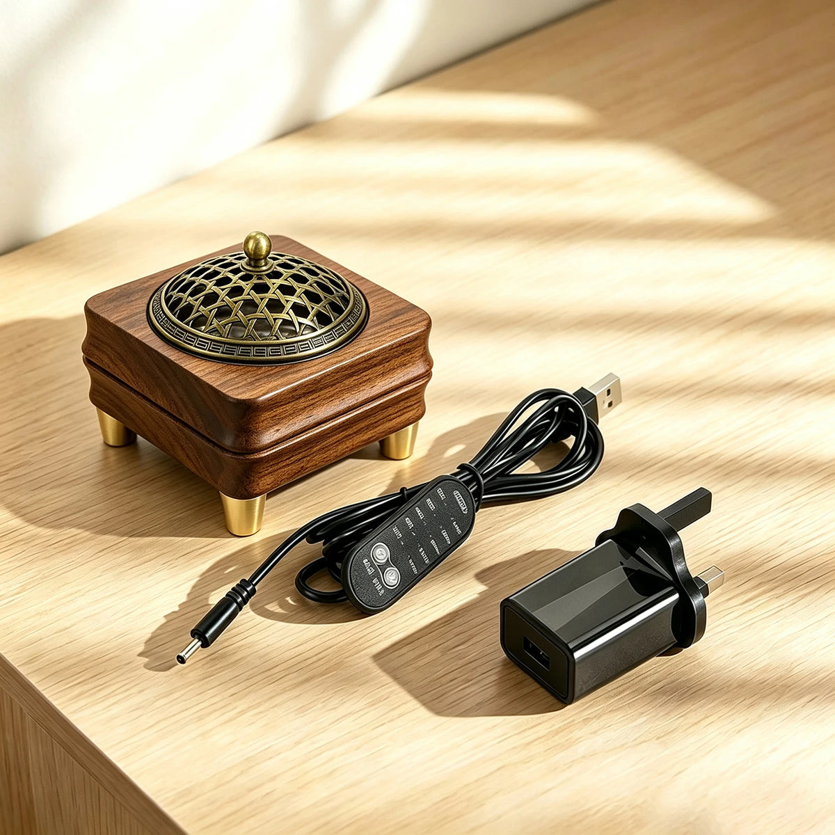 Wooden Electronic Incense Burner USB-powered Essential Oil Burner Adjustable Temp and Timer Bakhoor Burner for Wax Melt Agarwood