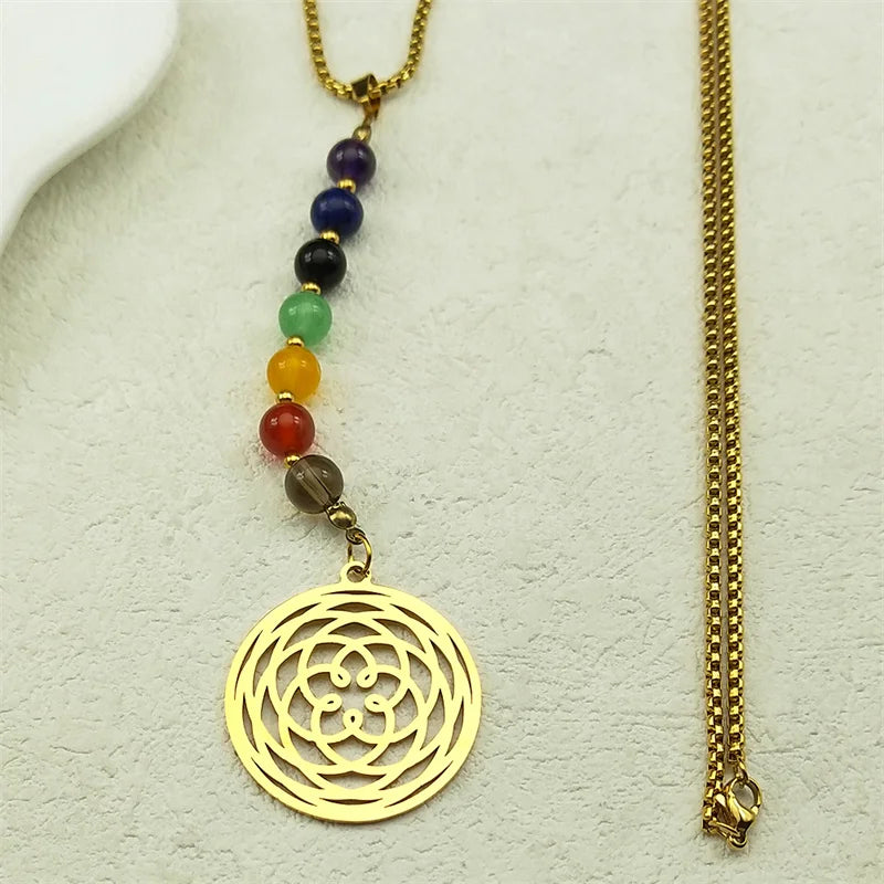 7 Chakra Yoga Flower of Life Necklace Lotus Buddhas Moon Carved Gem Stone Beads Necklaces Reiki Healing Balancing Maxi Jewelry