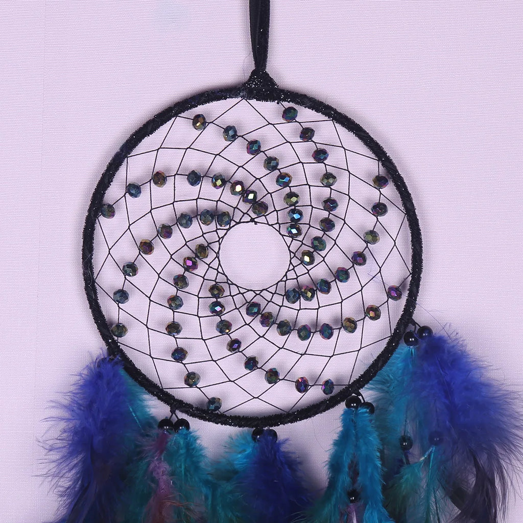 Bohemian Style Dream Catcher Wall Decoration, Hand‑Woven Circular Net with Shiny Beads & Mixed Color Feathers, Wth LED Light.