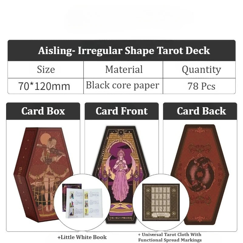 Aisling Irregular Coffin‑Shape Tarot Deck 78Pcs Dual Marseille Rider‑Waite Black‑core Cardstock Divination Game for Beginners